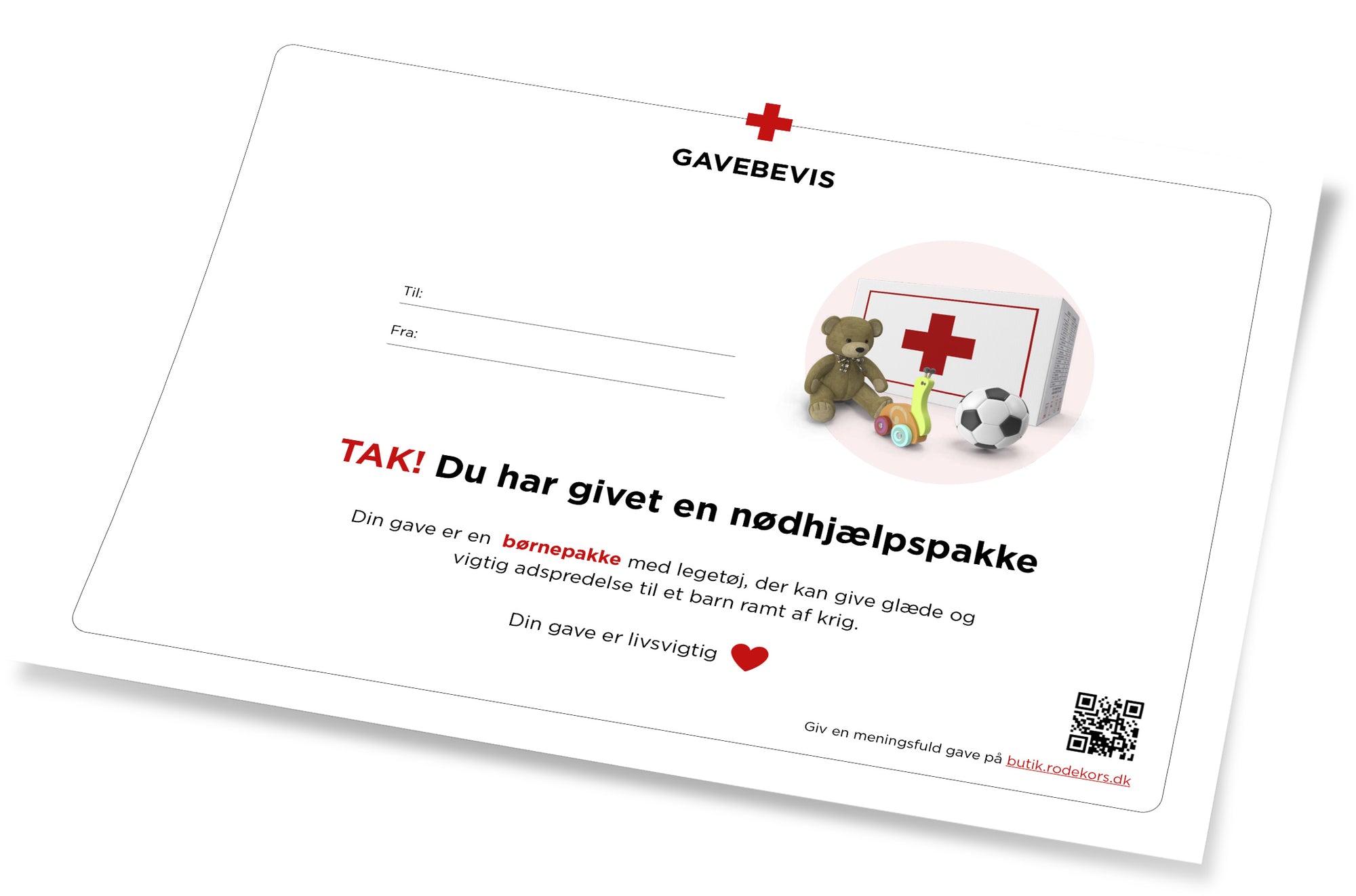 Røde Kors - gavebevis med børnepakke