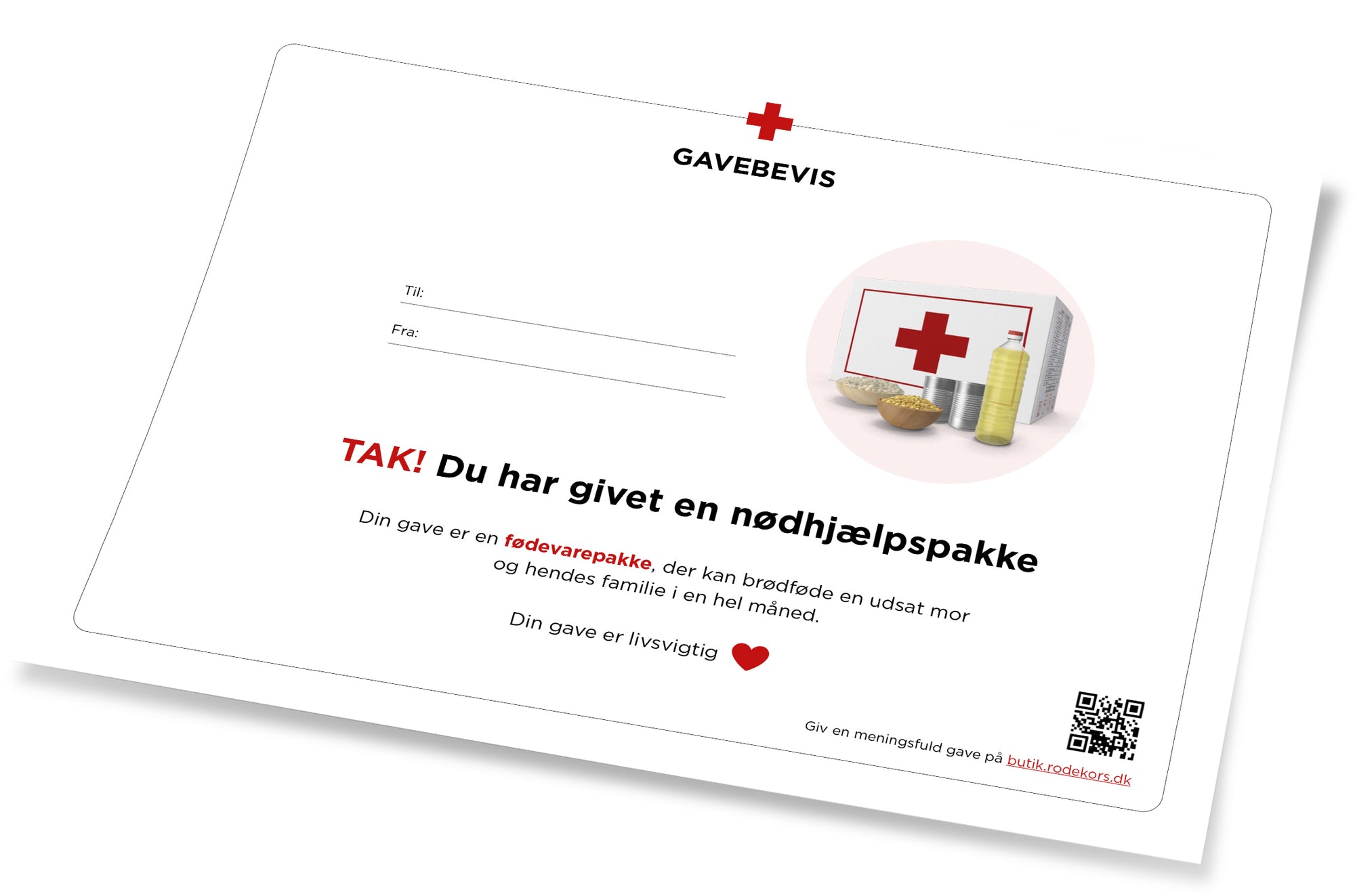 Et gavebevis med en fødevarepakke - Røde Kors